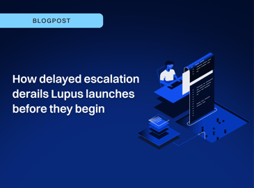 How delayed escalation impacts Lupus drug launches – blue digital illustration with a person at a computer and layered data graphics