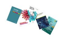 Collection of scientific journals featuring covers on digital health, biomedicine, pharmacotherapy, and neuroscience
