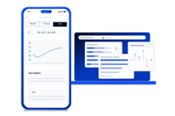 Mobile and desktop interfaces displaying patient health trends, symptom tracking, article engagement, and treatment satisfaction insights