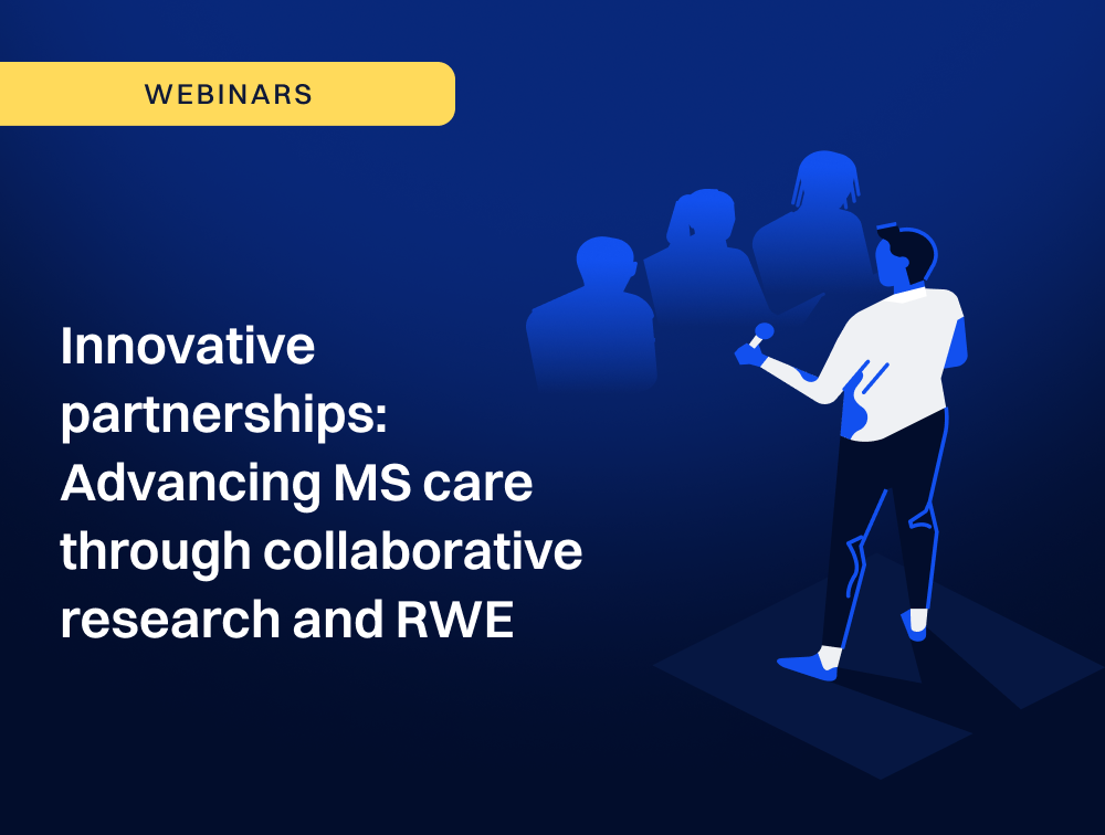 Webinar visual titled 'Innovative partnerships: Advancing MS care through collaborative research and RWE' with illustration of a speaker addressing an audience