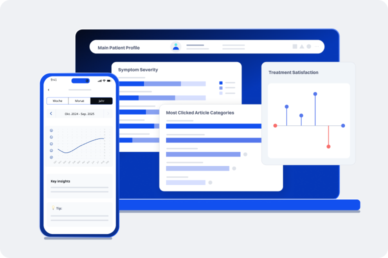 Patient Voice - Mobile and desktop health dashboards displaying patient profile, symptom severity, article engagement, and treatment satisfaction