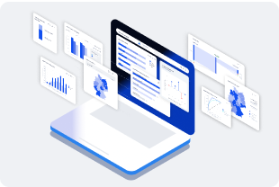 Illustration of Permea Monitor, a digital analytics dashboard with multiple floating data‑chart screens