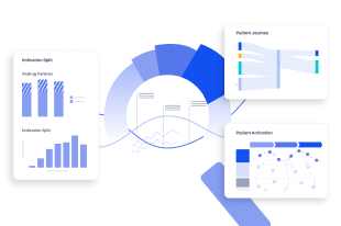 Illustration of an interconnected pie chart and bar‑chart cards symbolizing strategic services