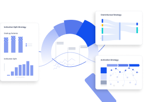 Illustration of an interconnected pie chart and bar‑chart cards symbolizing strategic services
